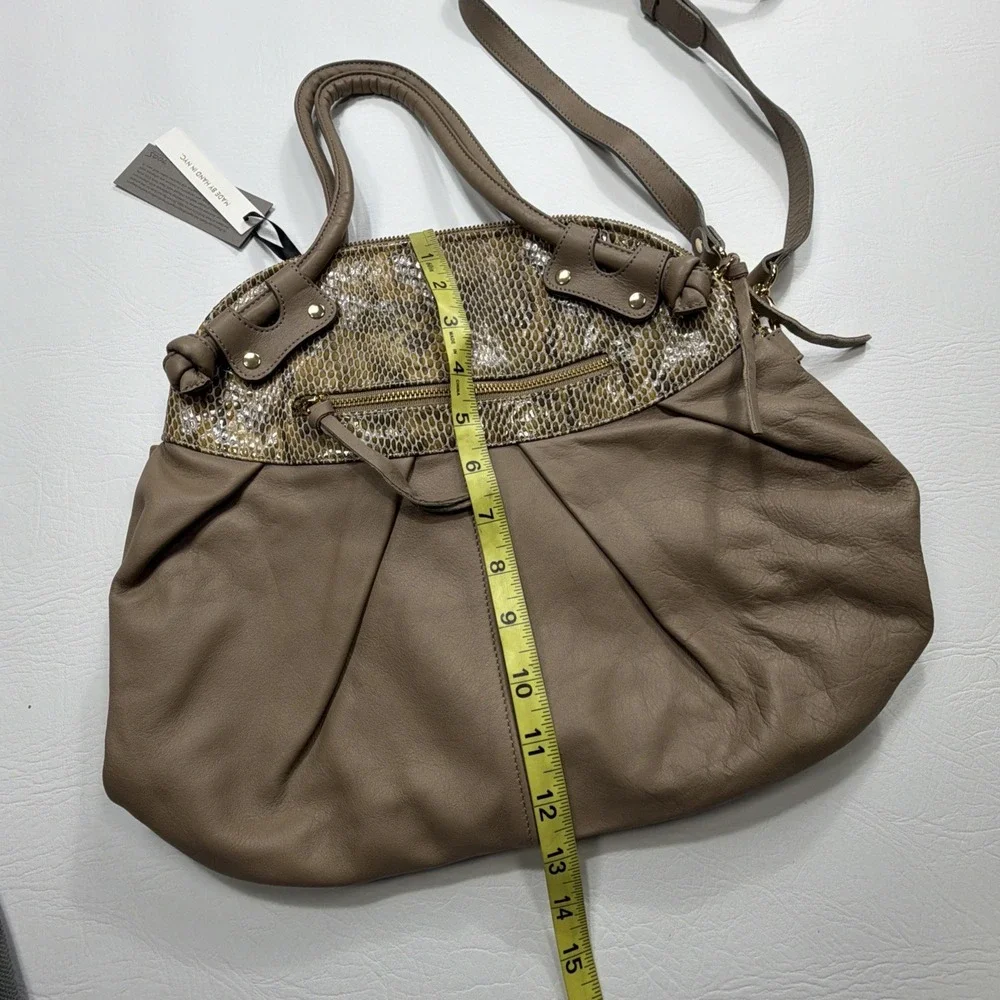 New! Pietro NYC Convertible Satchel Handbag Taupe Leather Snakeskin Embossed USA